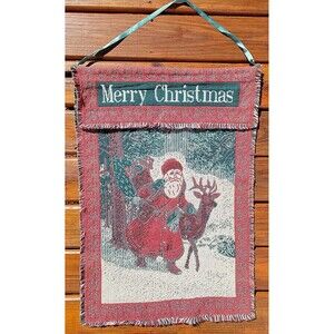Vintage Christmas Tapestry Woven Wall-Hanging Santa With Reindeer 32x21 WTC 1995